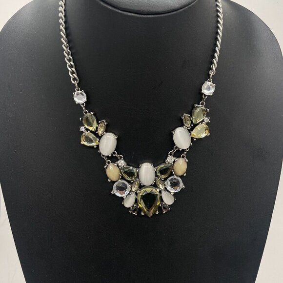 Ann Taylor Loft Crystal Rhinestone Statement Chain Necklace Silver Tone 17-19 In - Picture 2 of 6